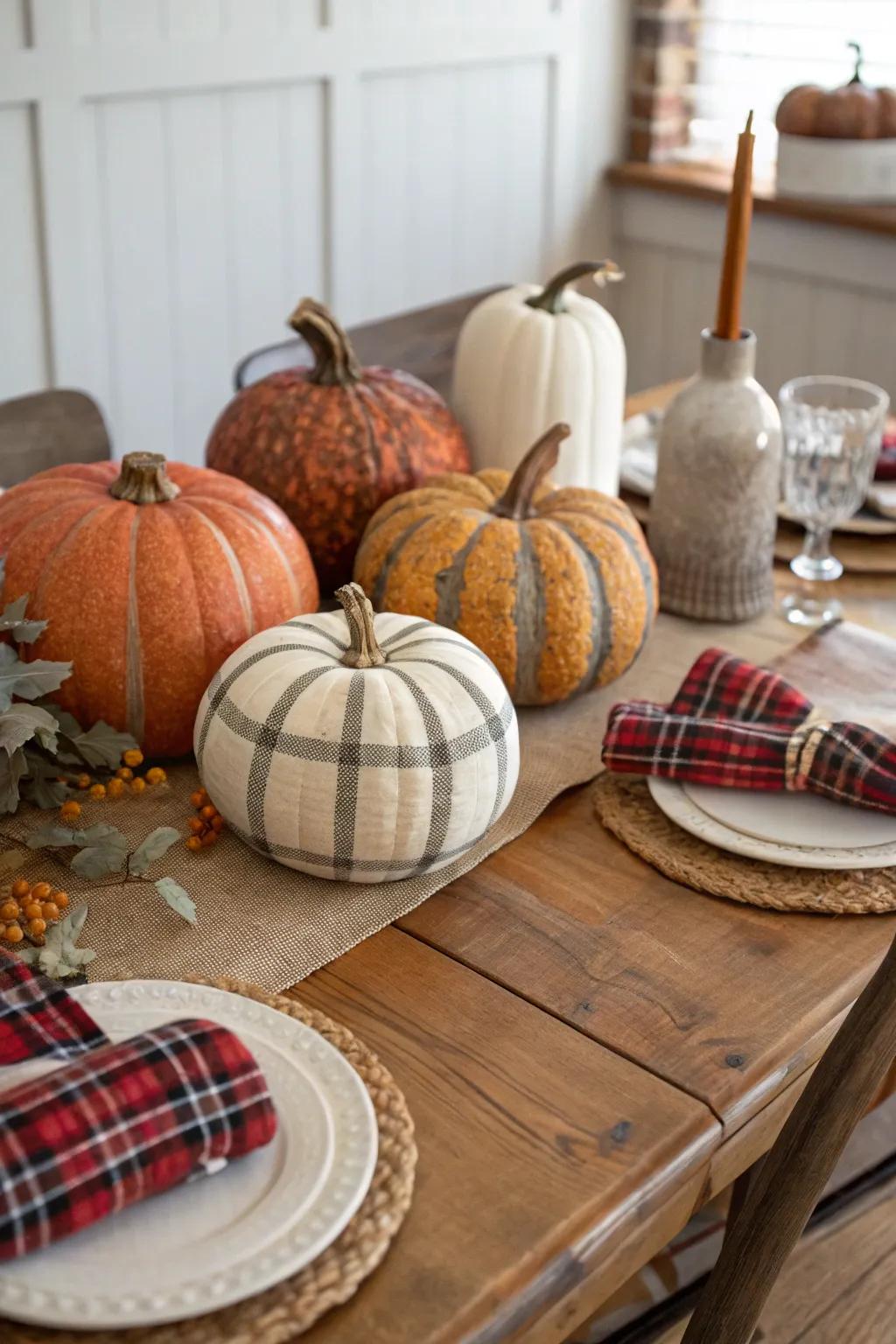 Infuse your abode with provincial warmth via pumpkin designs featuring tartan patterns.