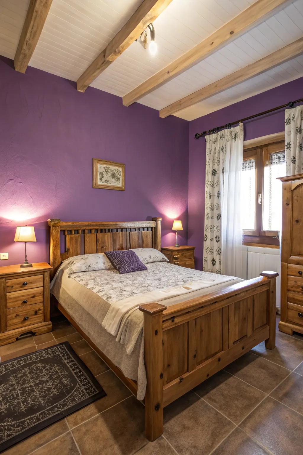 Rustic wooden elements add charm to purple walls.