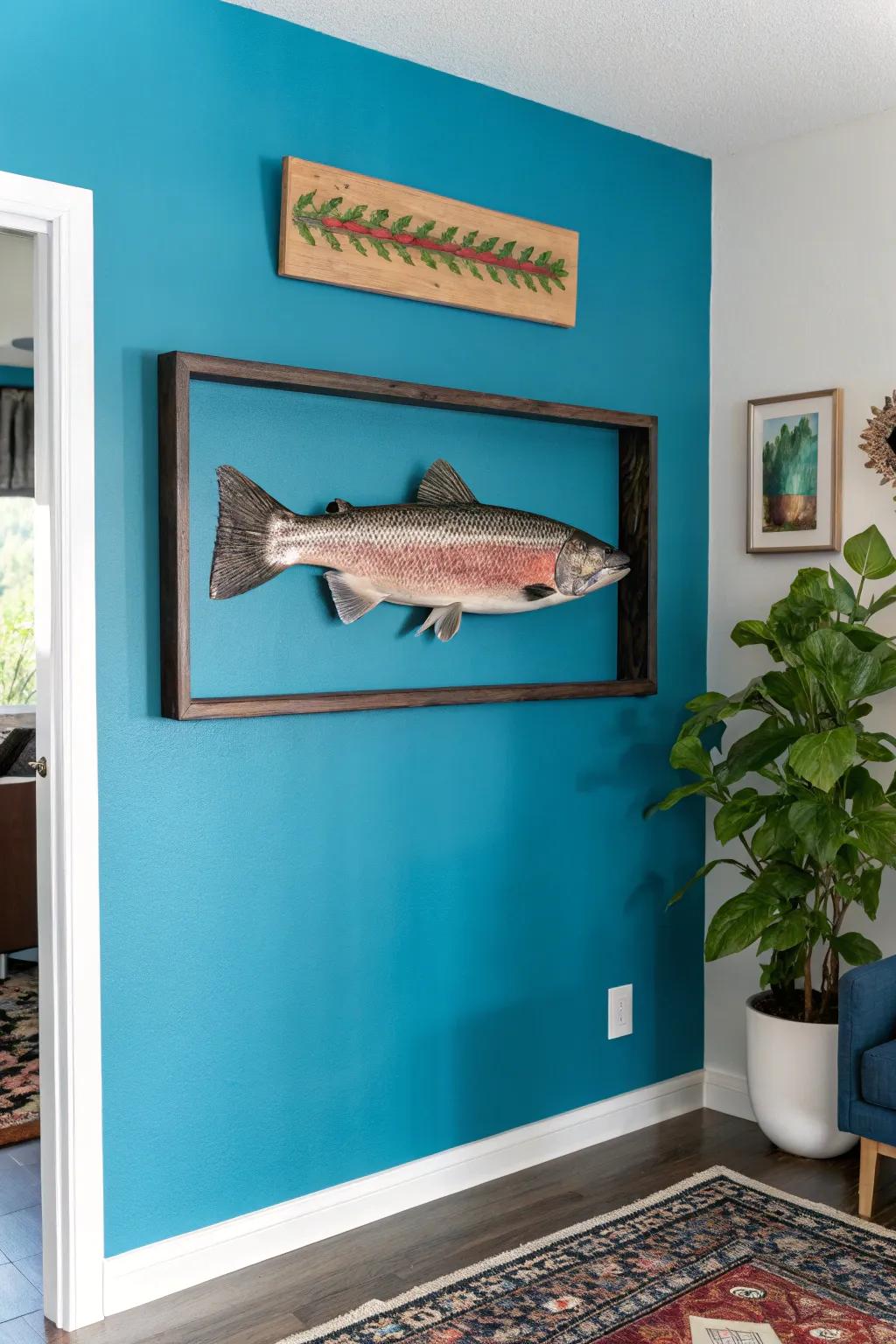 A vibrant background enhances the eye-catching colors of the rainbow trout mount, creating a stunning visual contrast.
