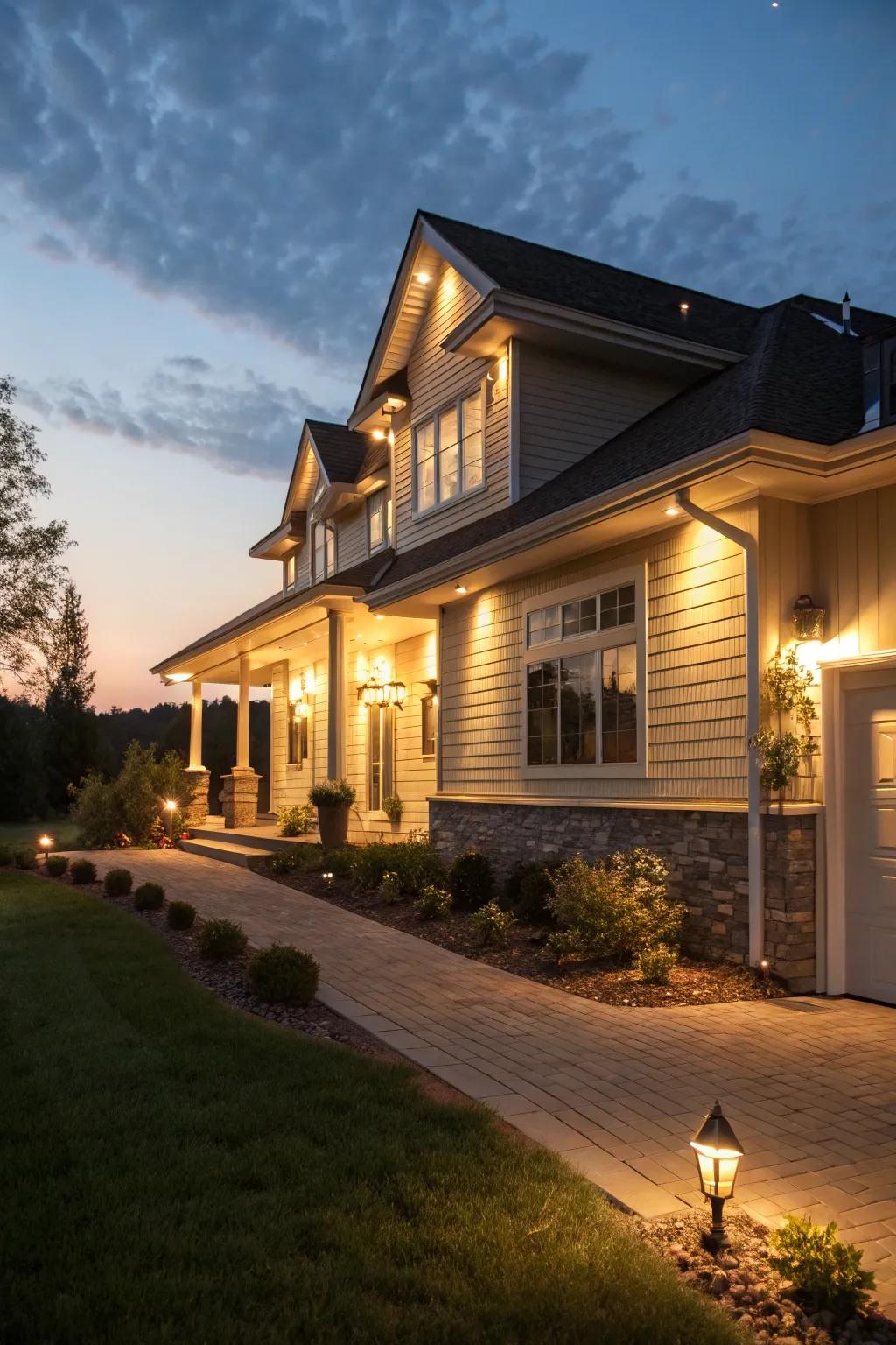 Striking lighting attributes illuminating the exterior of a raised ranch at night.