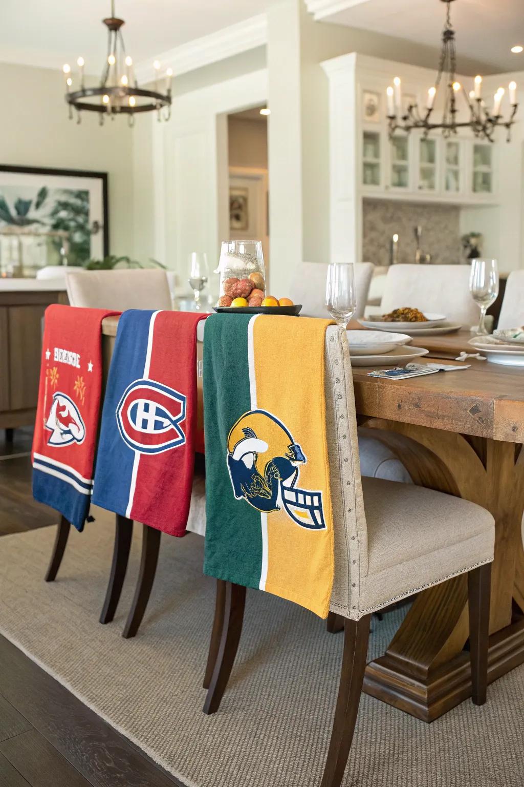 Incorporate an athletic inflection through celebration cloths upon chairs.