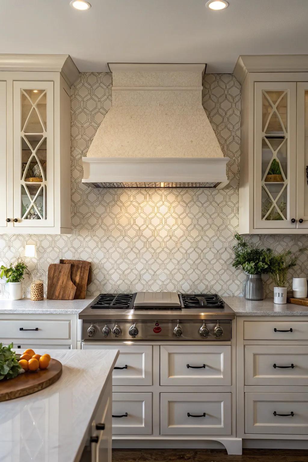 Kitchen featuring a dimensional tile backsplash injecting depth adjacent to a subtle vent hood.