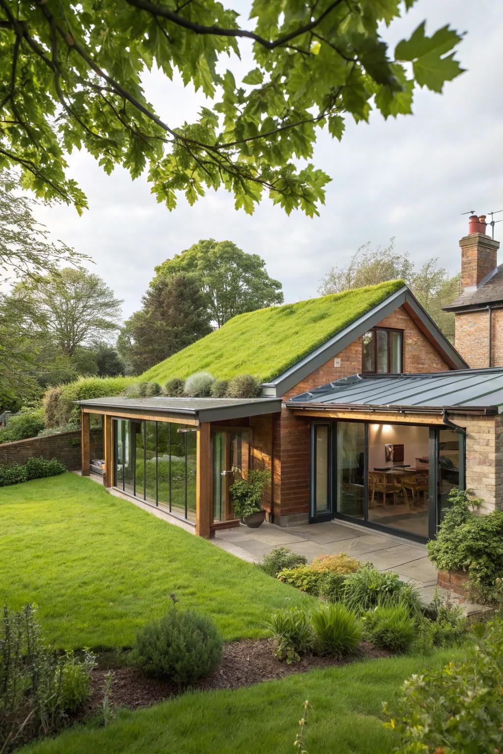 A rear house extension featuring a beautiful green roof for added eco-friendly charm.