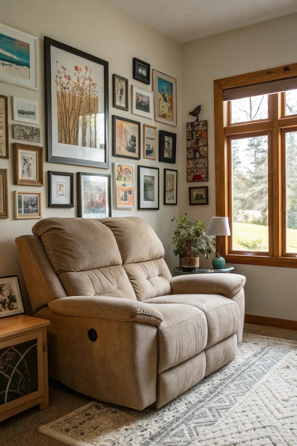 A display wall above the reclining sofa adding depth and personality.
