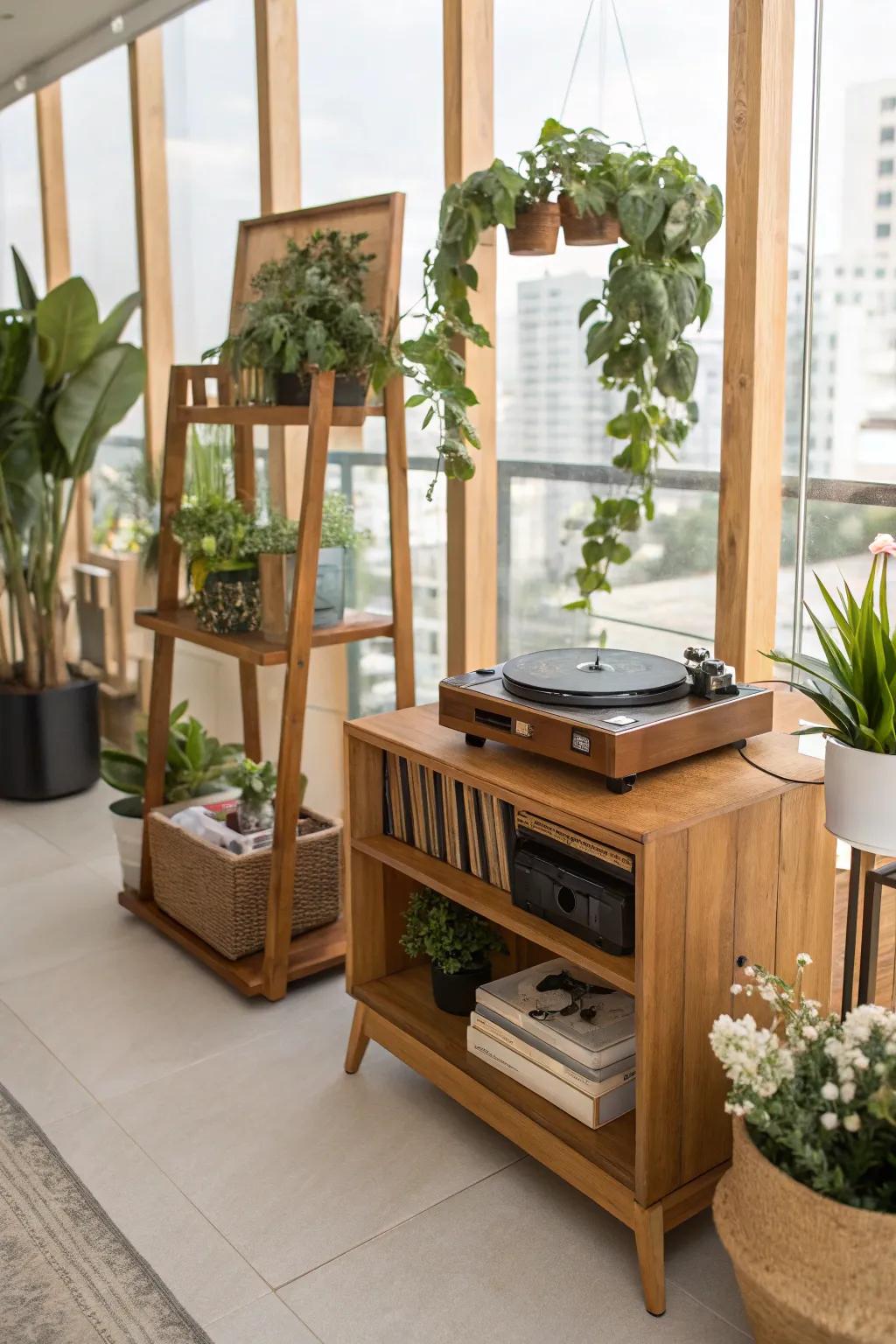A nature-inspired record player arrangement featuring wood and greenery.