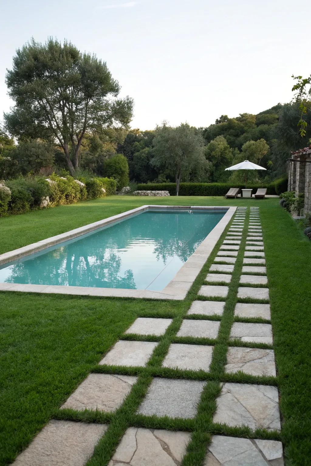 Stone walkways and immaculate turf amplify the pool's refinement.