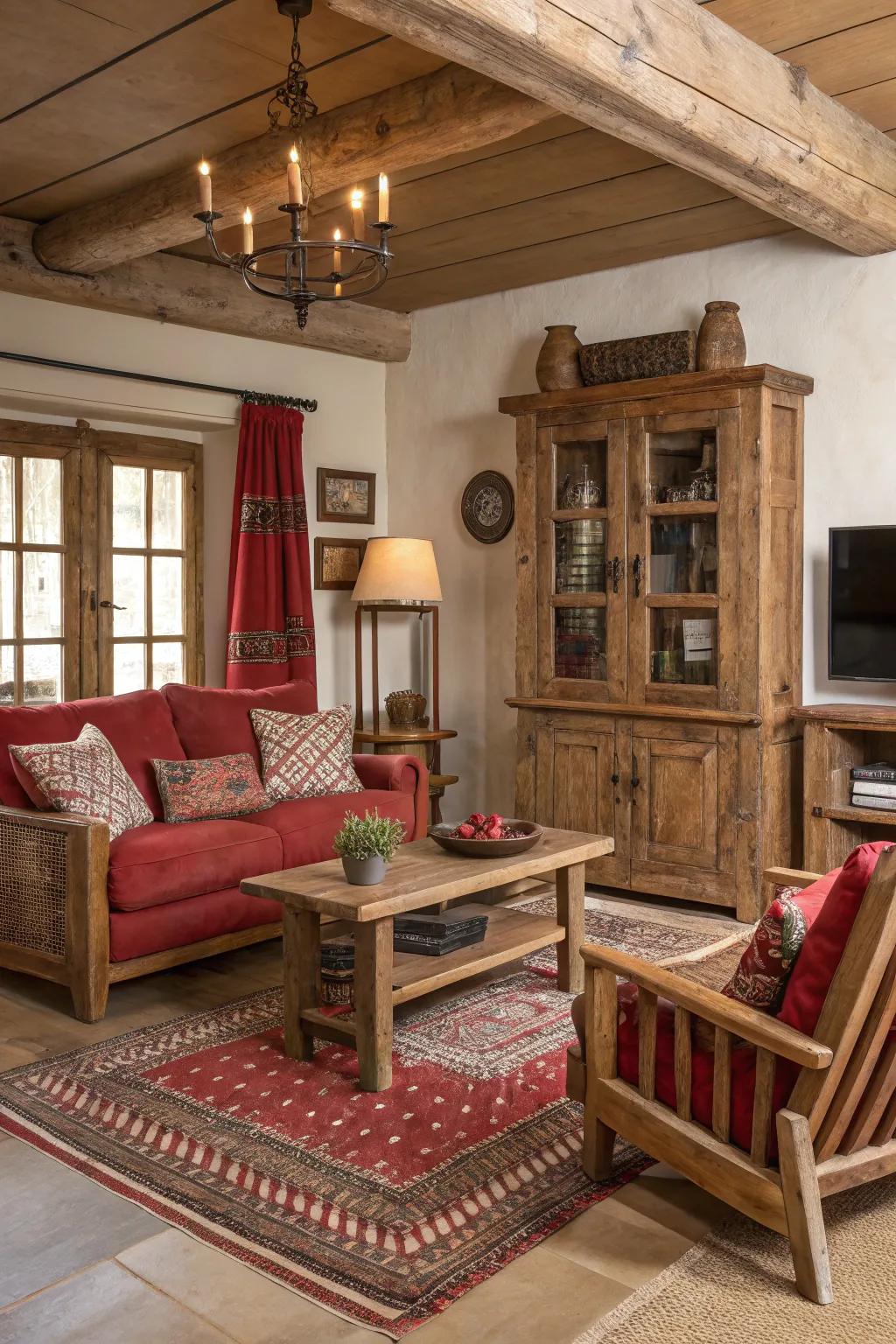 Distressed ruby accents cultivate a vintage, slow-paced vibe.