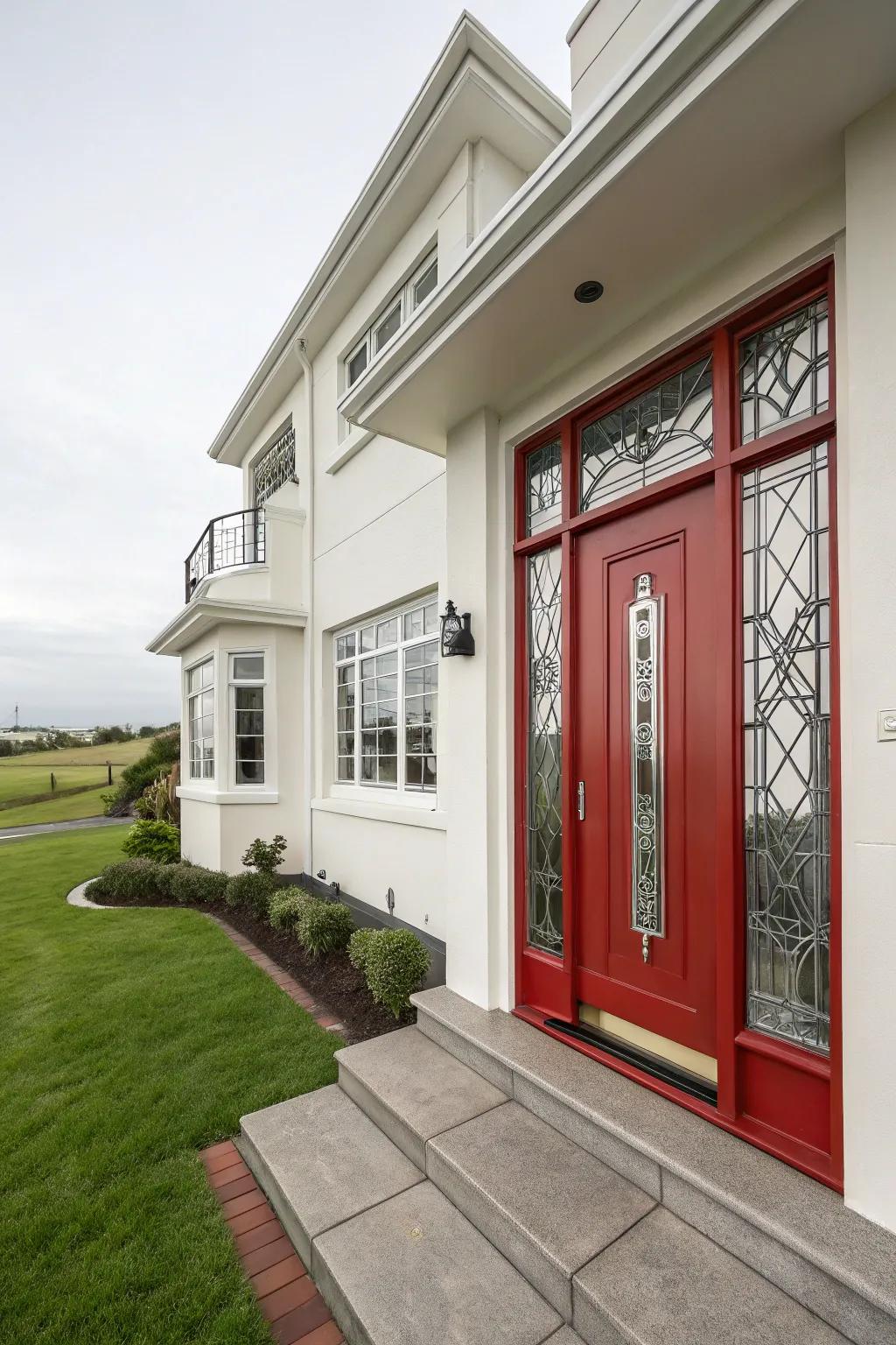 Art Deco home featuring a red entrance, showcasing geometric details.