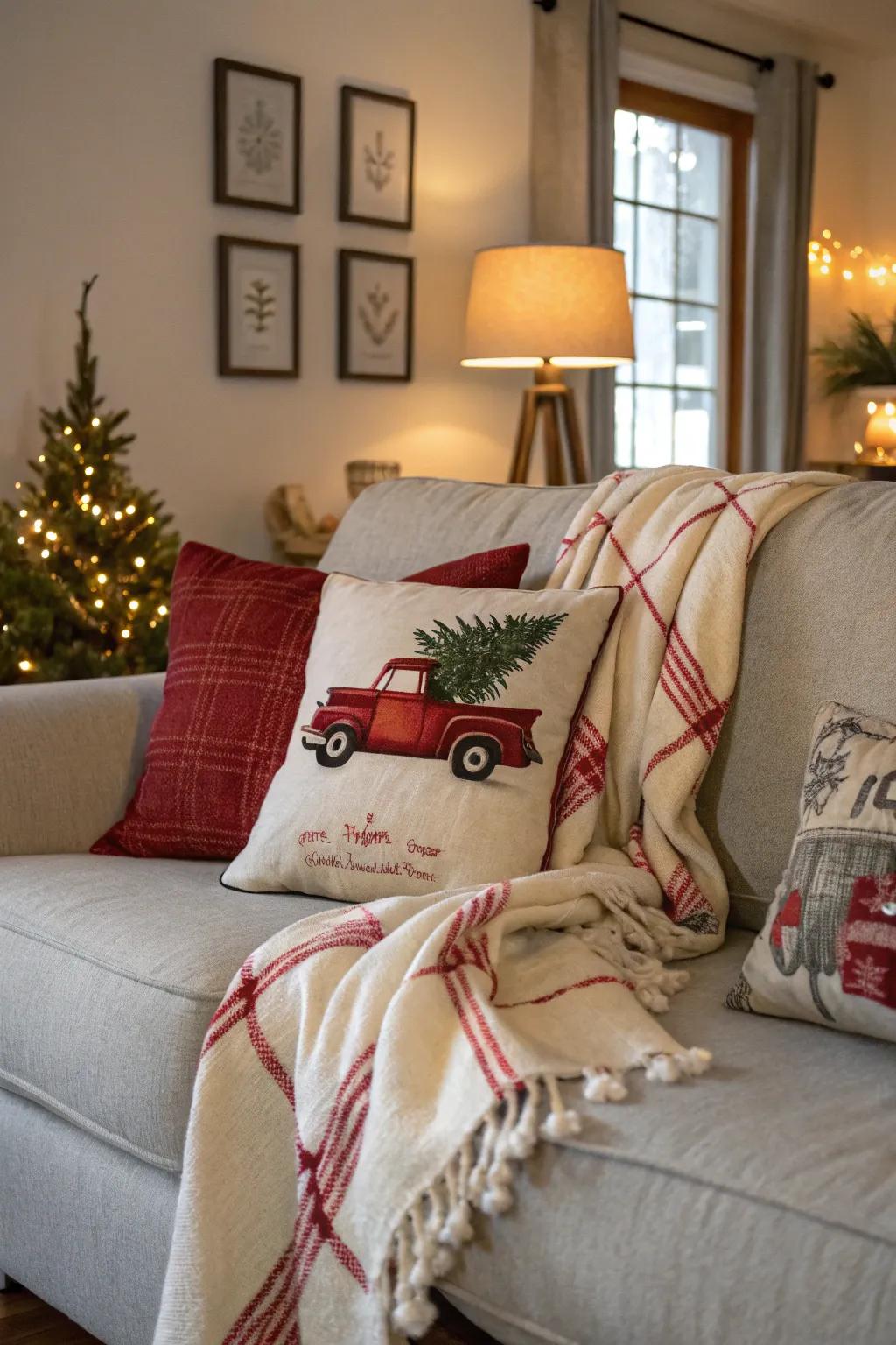 Inviting parlor showcasing crimson pickup-themed cushions.