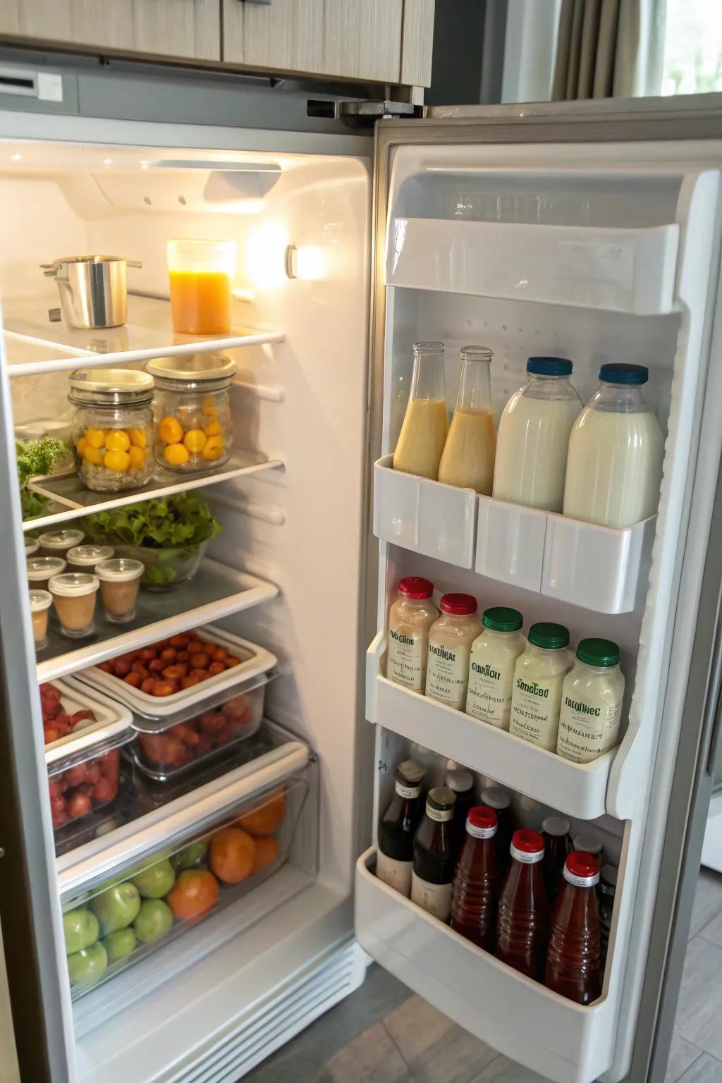 Grouping similar items streamlines refrigerator arrangement.