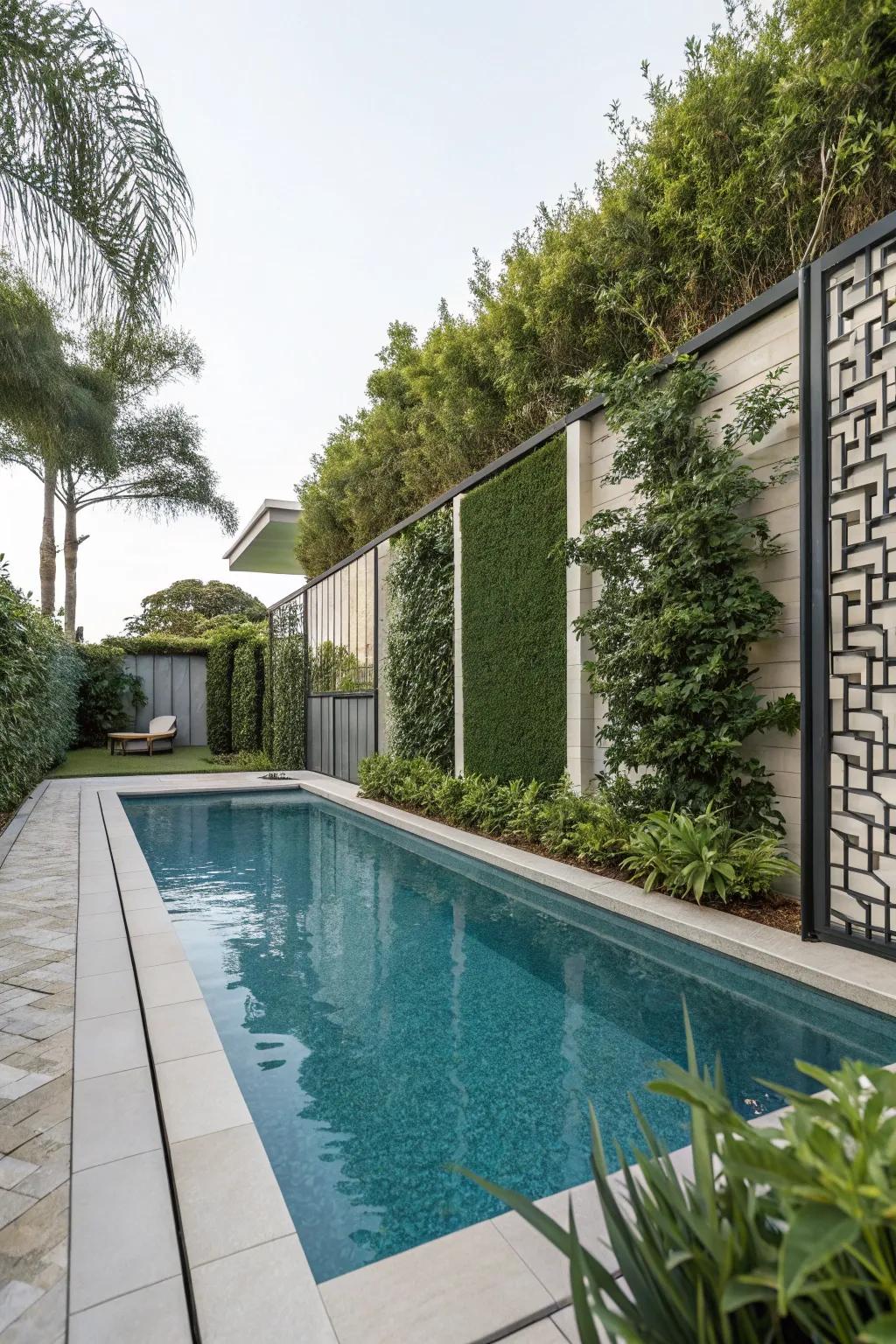 Privacy screens cultivate a secluded and tranquil pool experience.