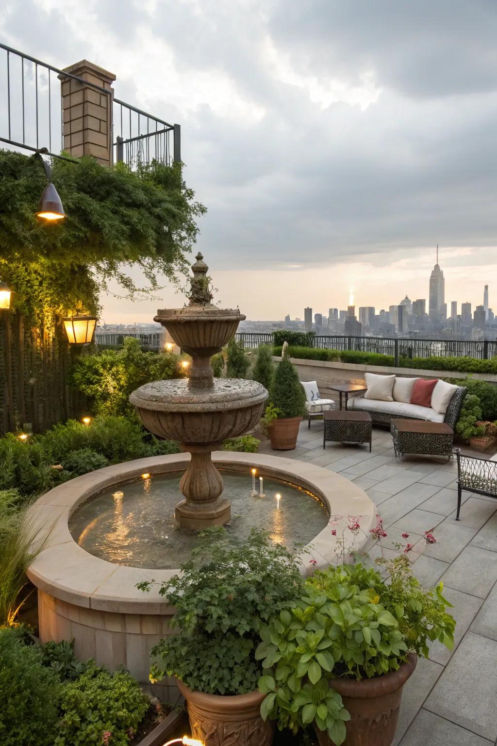 Introduce tranquility to your rooftop deck with a soothing fluid accent, creating a serene atmosphere.