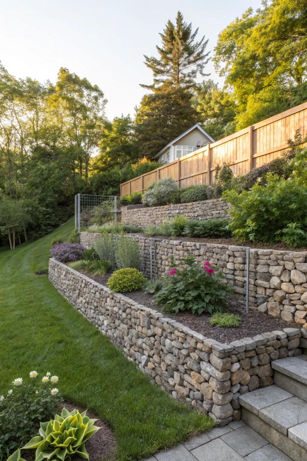 Gabion walls combine organic elements with a modern, industrial aesthetic.