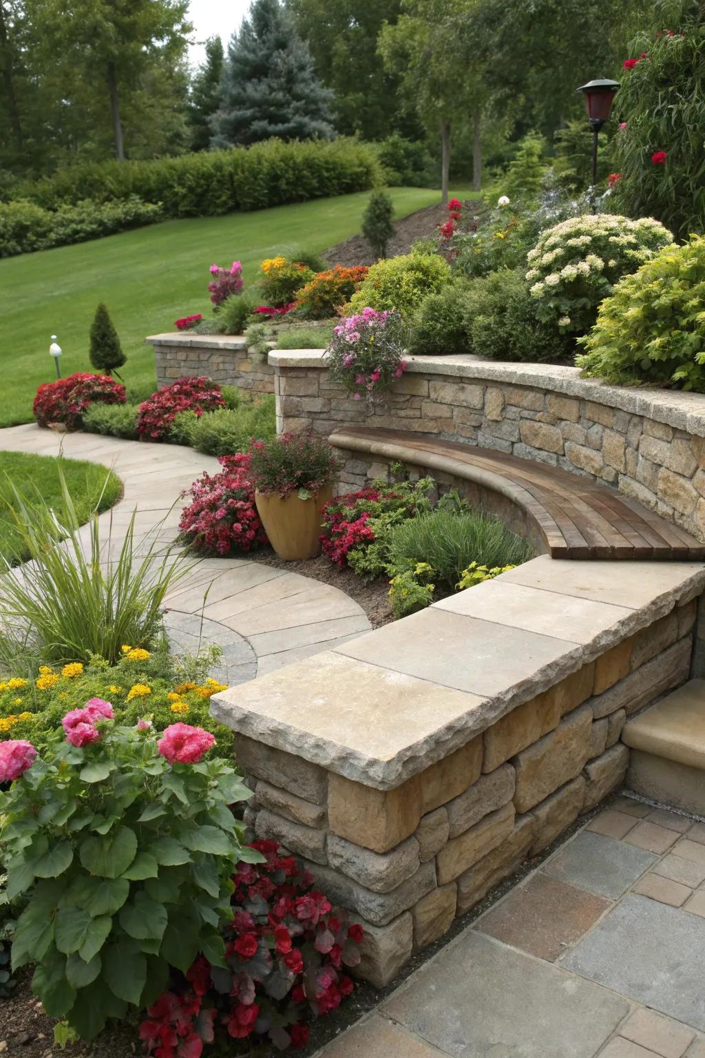 Integrated seating transforms retaining walls into inviting leisure nooks.
