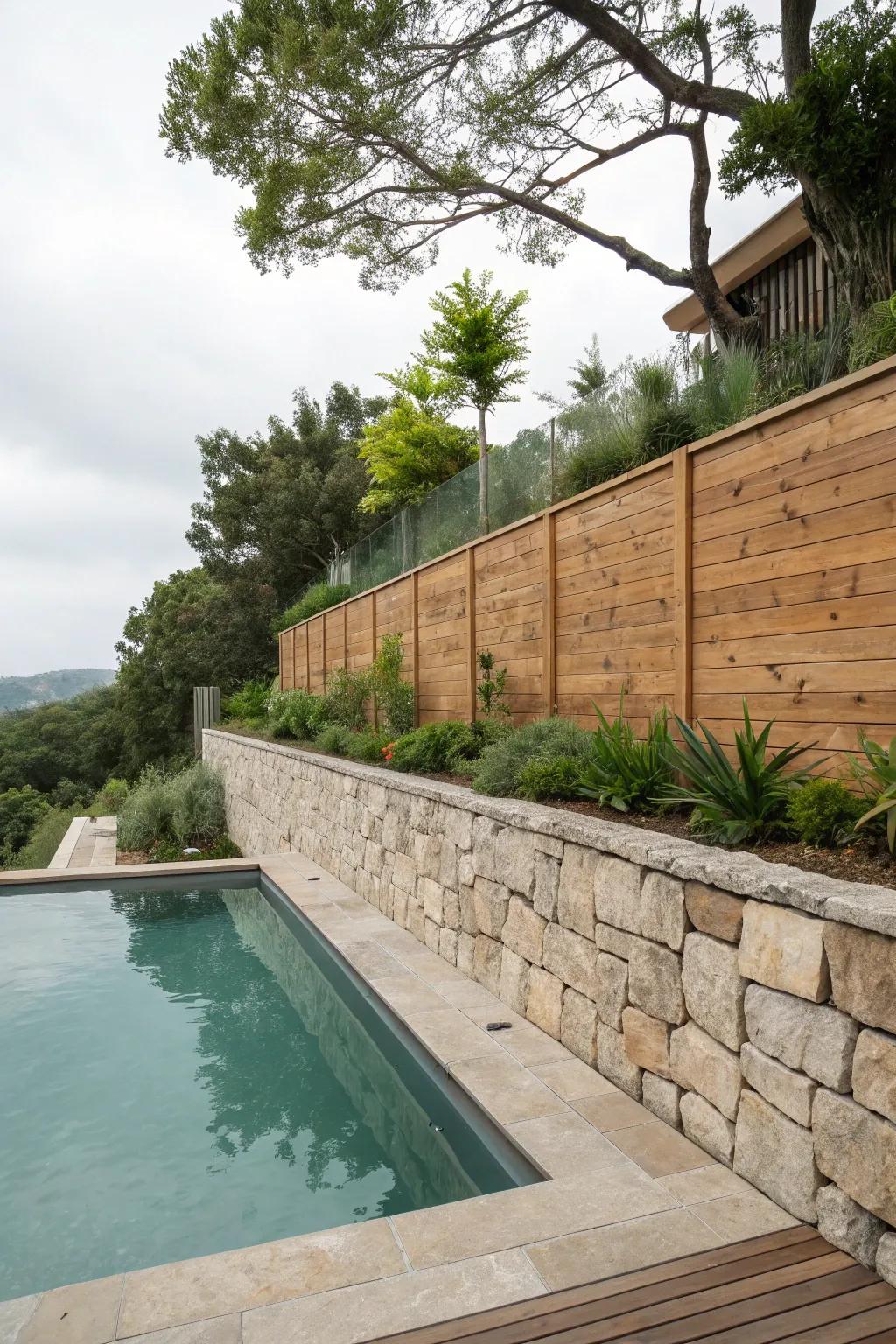 Warm wood accents integrated into a retaining wall design.