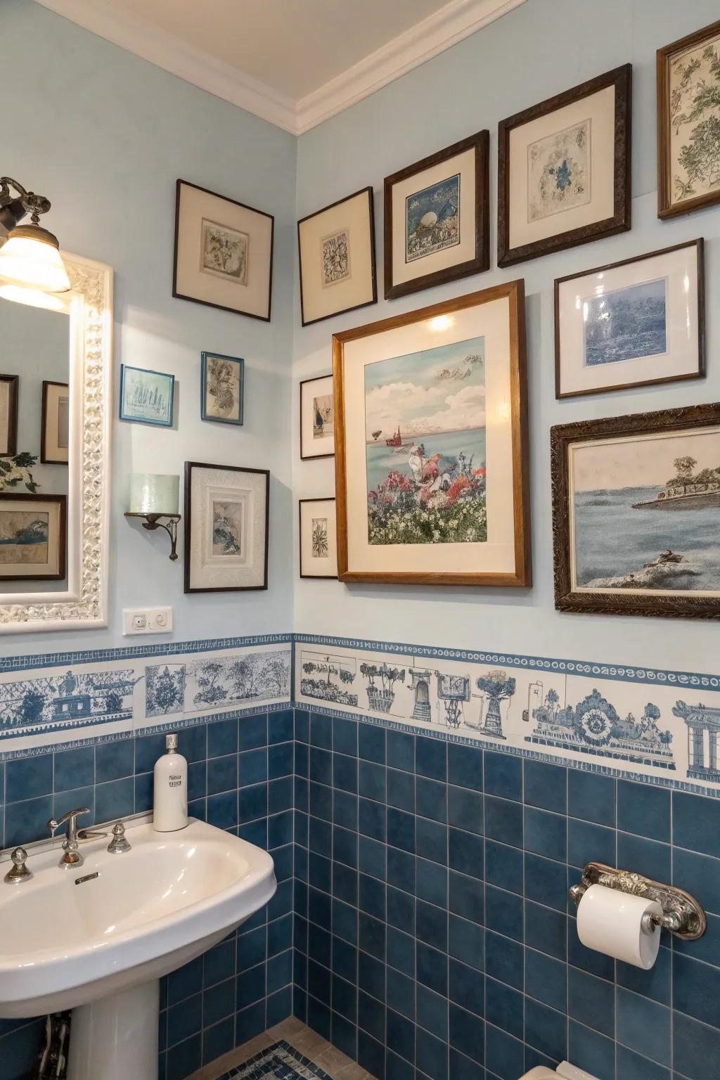 Vintage artwork that adds personality to the bathroom.
