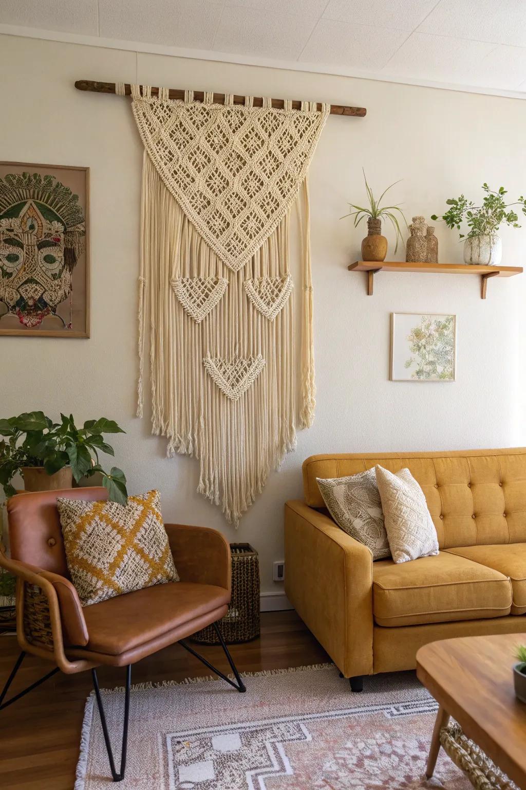 Macramé brings texture and warmth to walls.