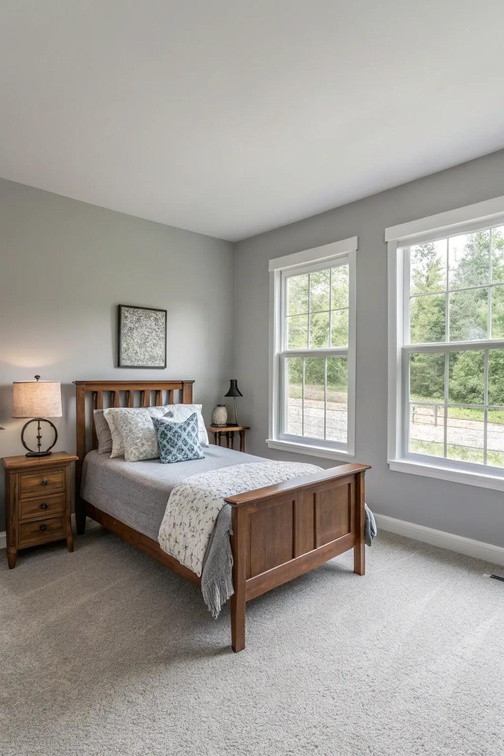 Minimalist décor creates a serene atmosphere in a Willow Gray bedroom.
