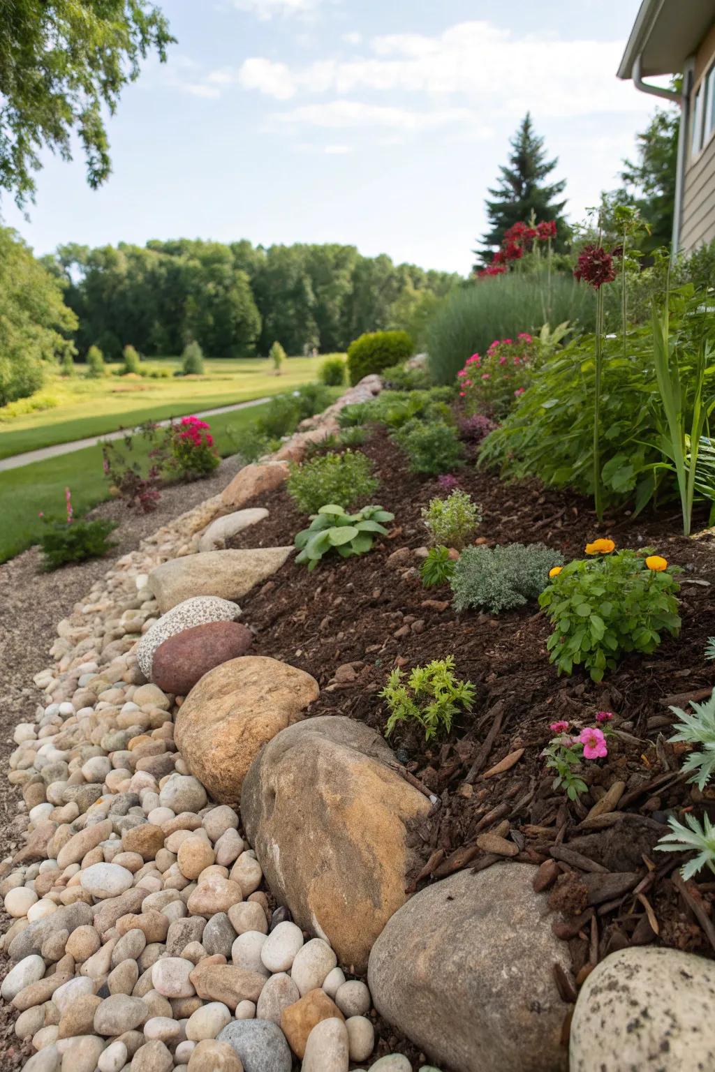 Tiered shoreline stones and compost forge a dynamic and visually compelling garden bed.