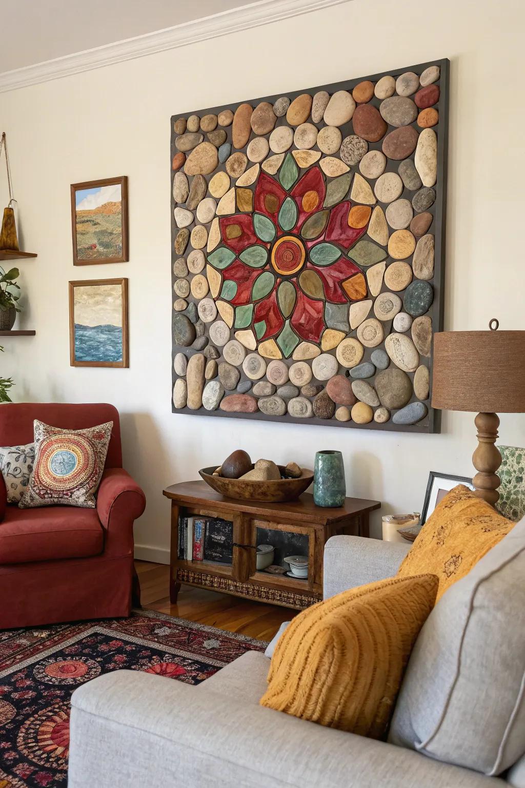 A unique rock mosaic as a piece of wall art