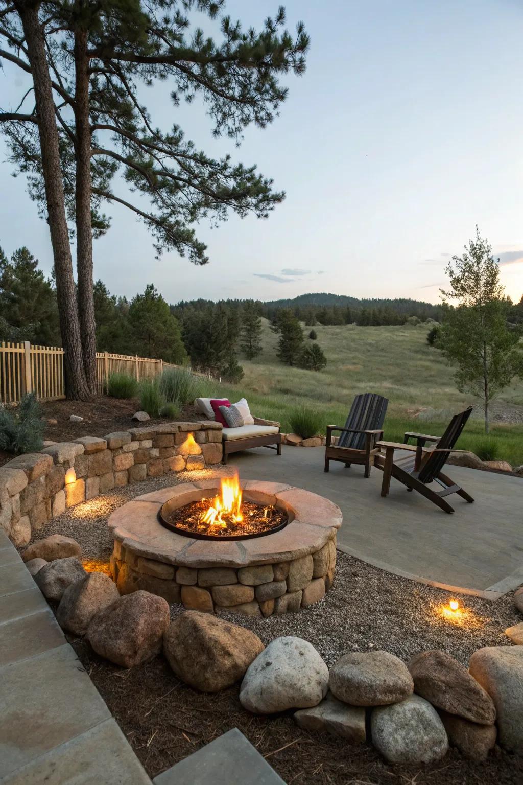 An inviting fire pit arena embellished by a natural stone perimeter.