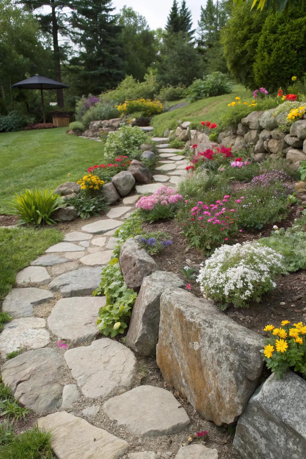 Stone boundaries elegantly delineating paths and flower beds in a garden.