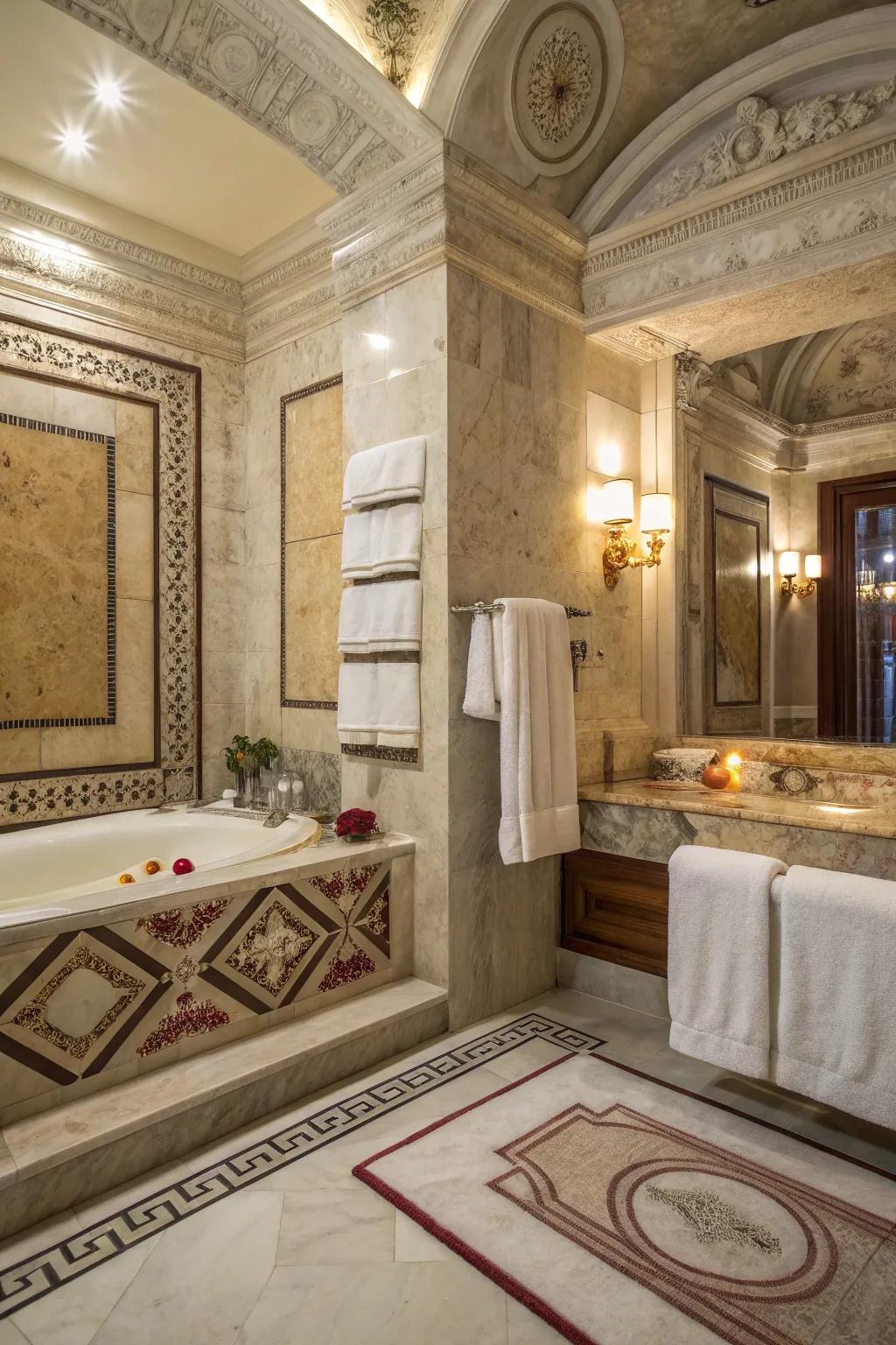 Lavish textiles bring comfort and warmth to this Roman-themed bathroom.