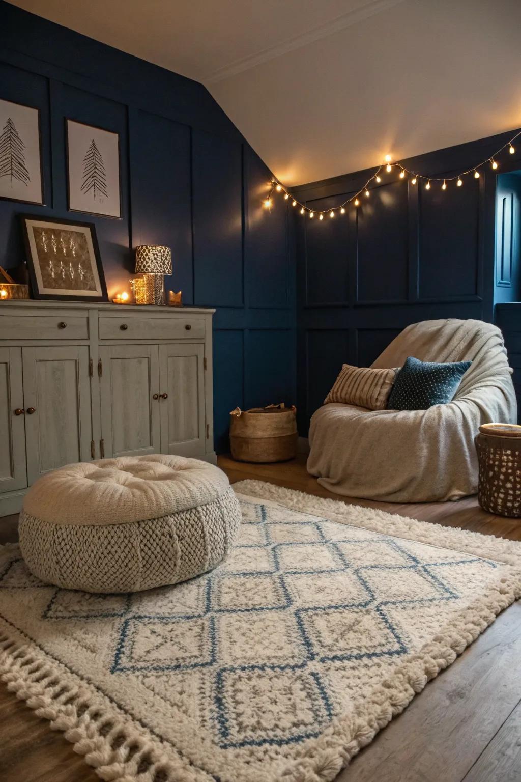 Delicate rugs elevate the ease and coherence of a indigo bedroom.
