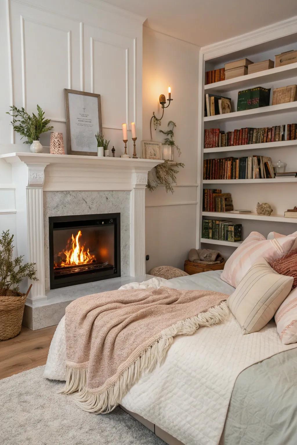 A fireplace motif incorporates a central, cozy feature to the area.