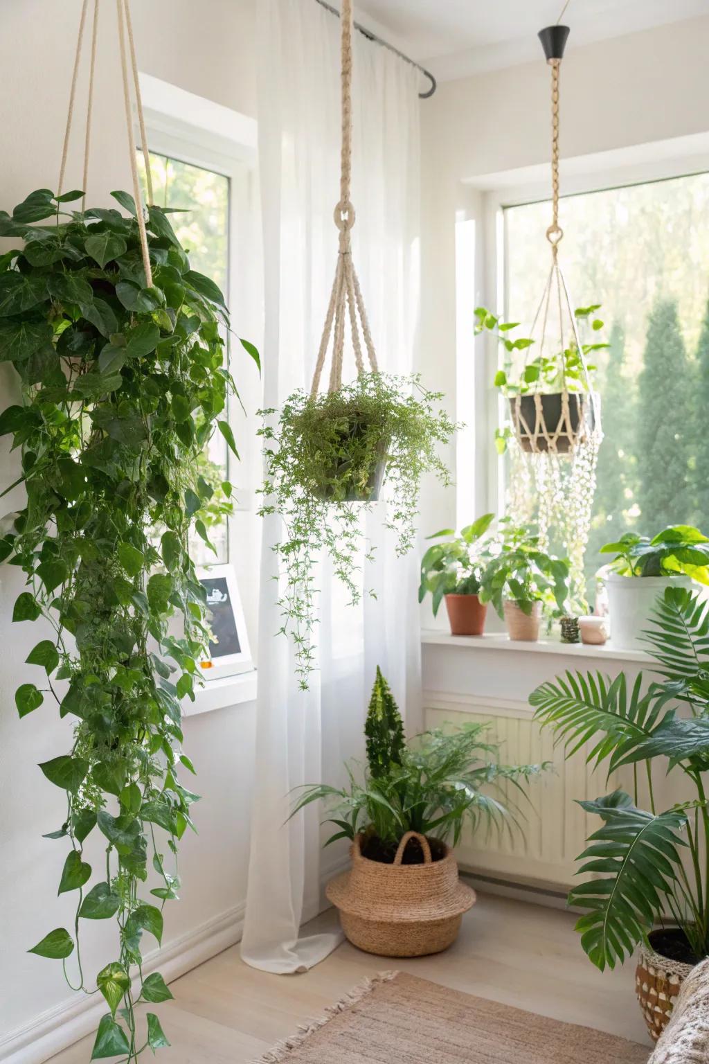 Suspended plants create a lively room divider that refreshes any space.