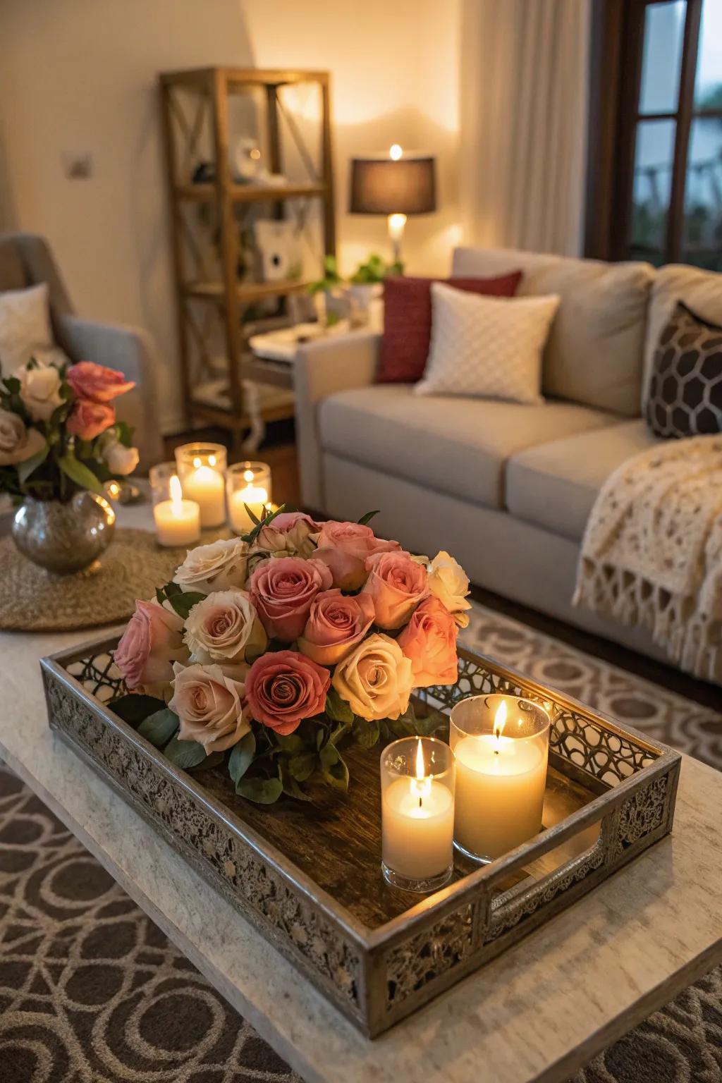 Elegant and cozy rose platter exhibition alongside candles.
