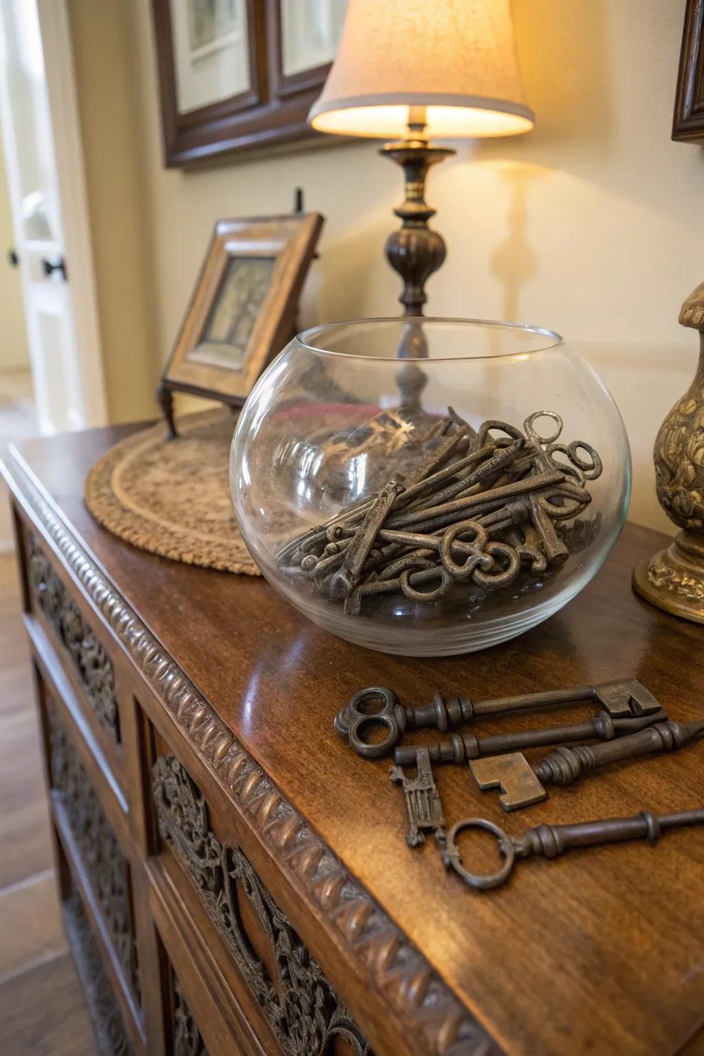 A treasury of vintage keys within a glass vessel injects a nostalgic charm.