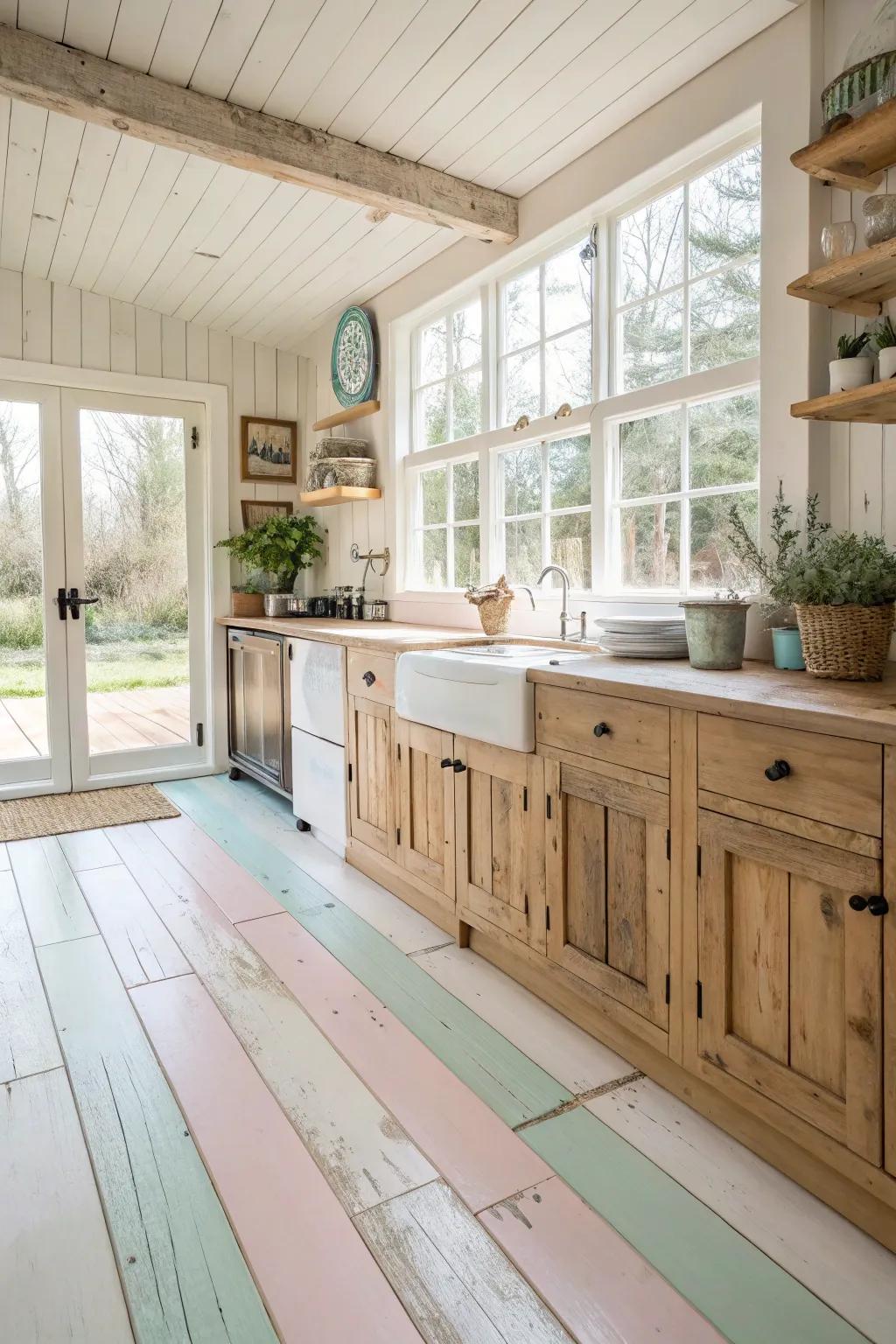 Painted timber floors provide a fresh variation on rustic style.