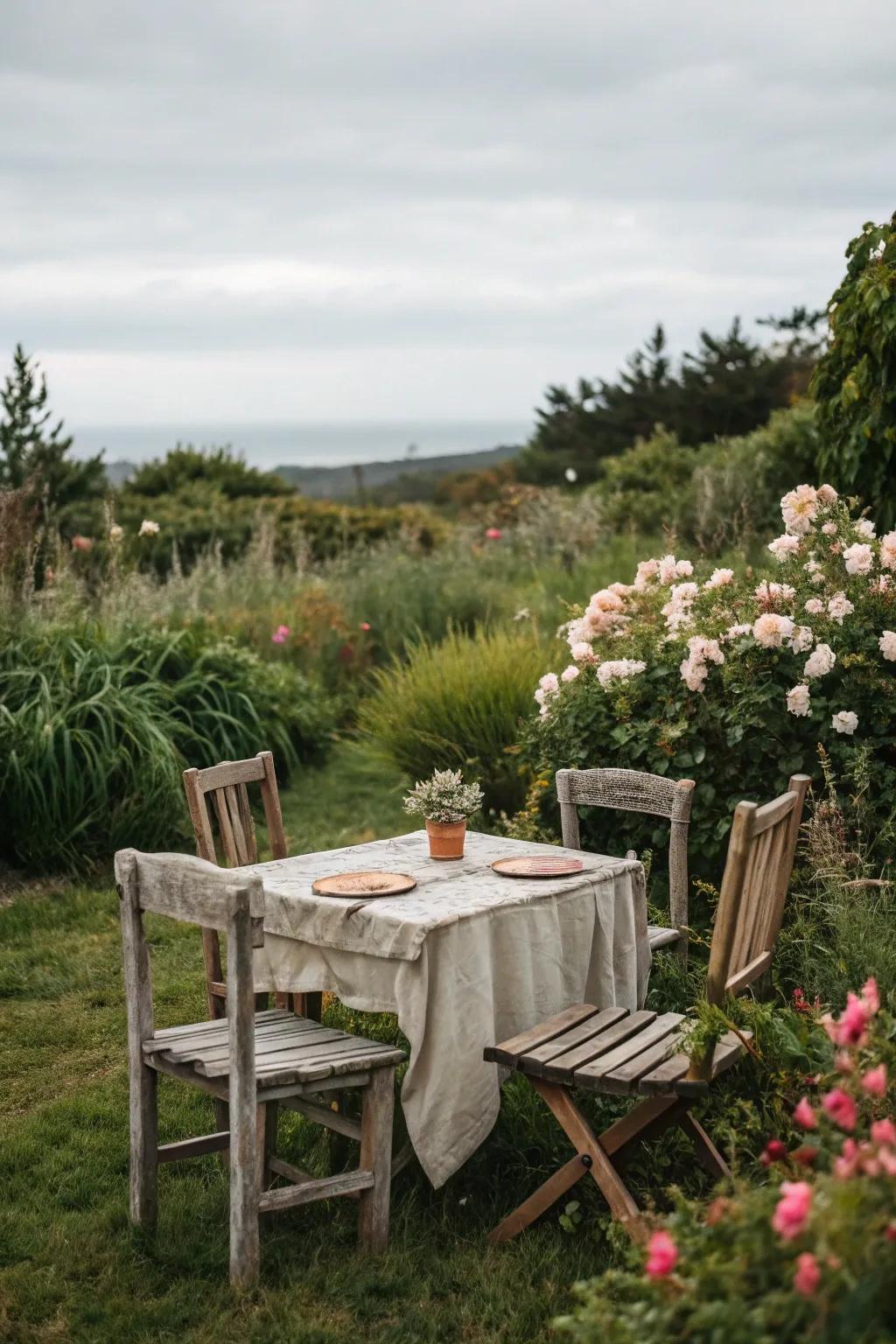Weathered furnishings conveying ageless charm to the garden.