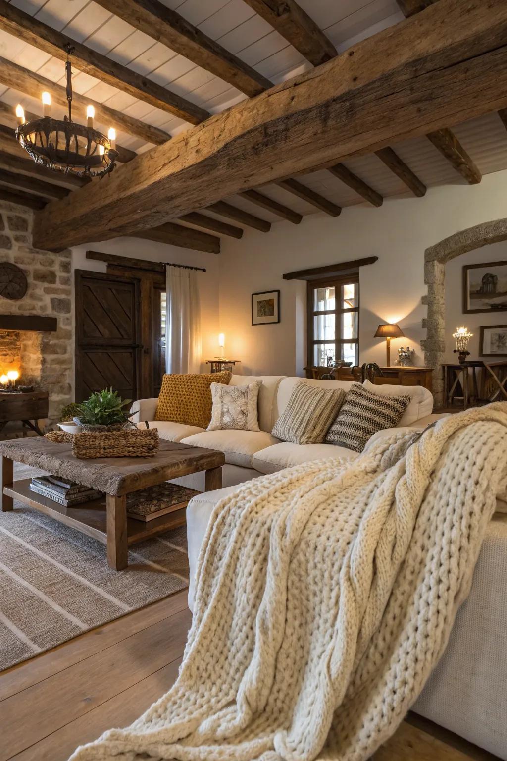 Knit throws extend warmth and snugness to rustic interiors.