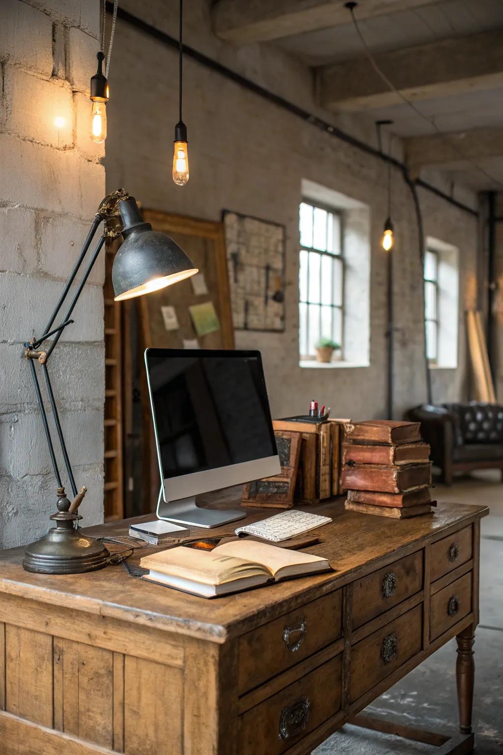 A harmonious fusion of antique and contemporary components in a country-style office.
