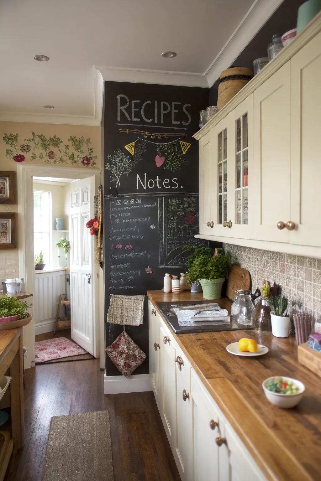 A slateboard wall contributes function and creativity to the kitchen.