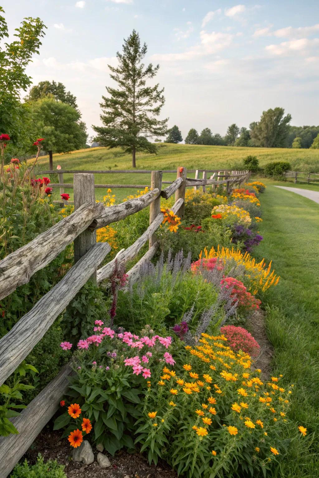 Regular plantings make a dynamic show against a split rail fence.