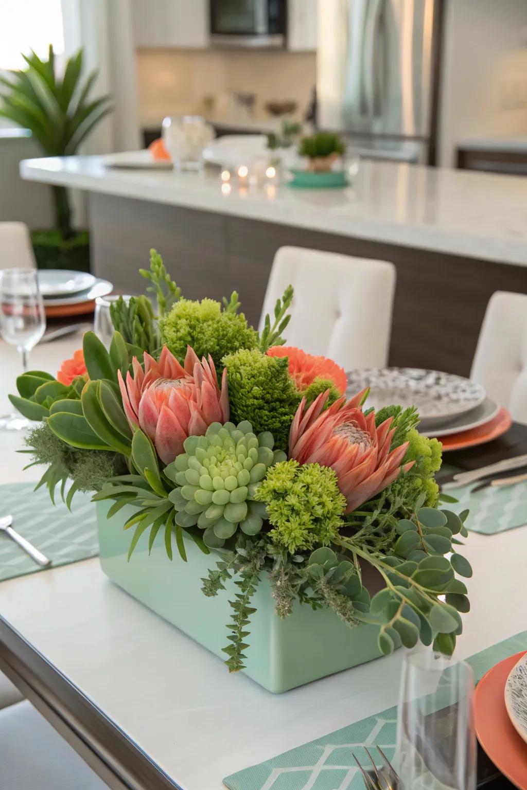 A cheerful and animated centerpiece featuring verdant hues and coral.