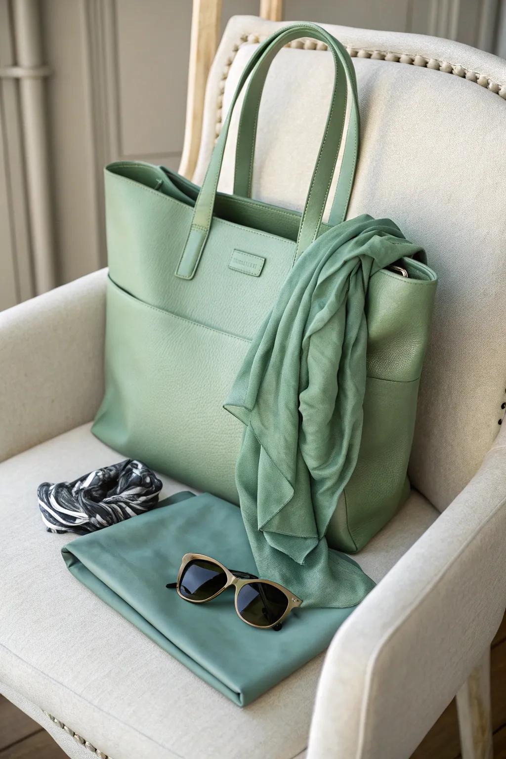 A sage green carryall delivers adaptability and elegance while on the move.