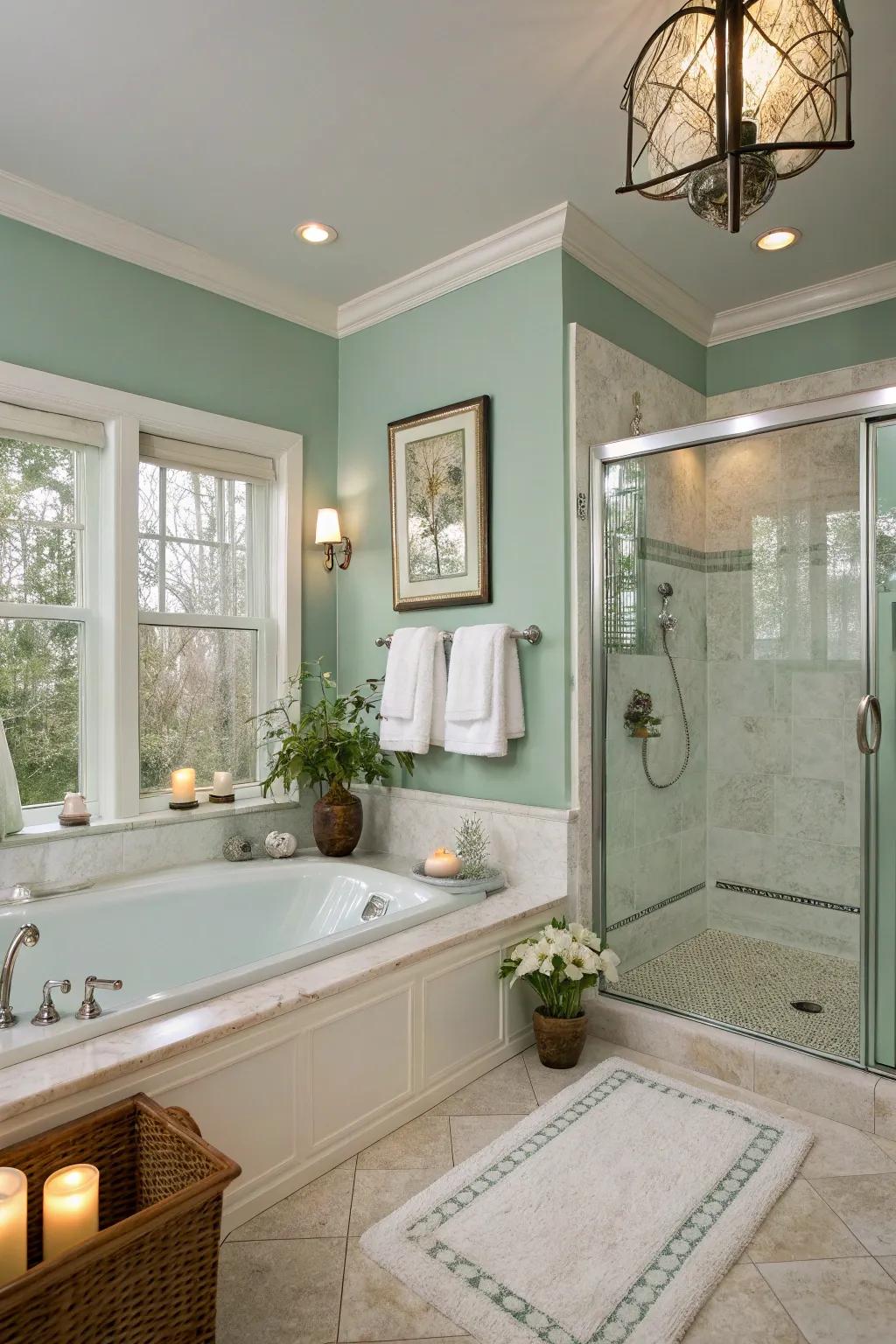 A spa-like bathroom retreat featuring refreshing seafoam green painted walls.