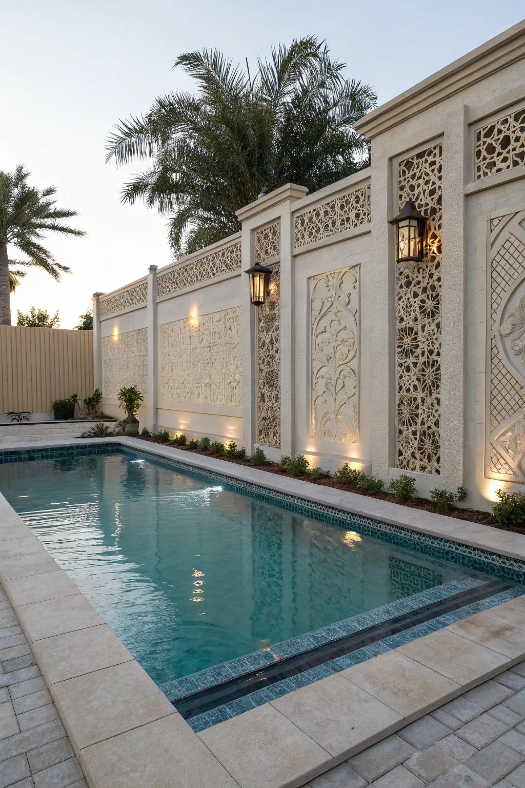 A partially submerged pool with eye-catching accent panels that add artistic flair.