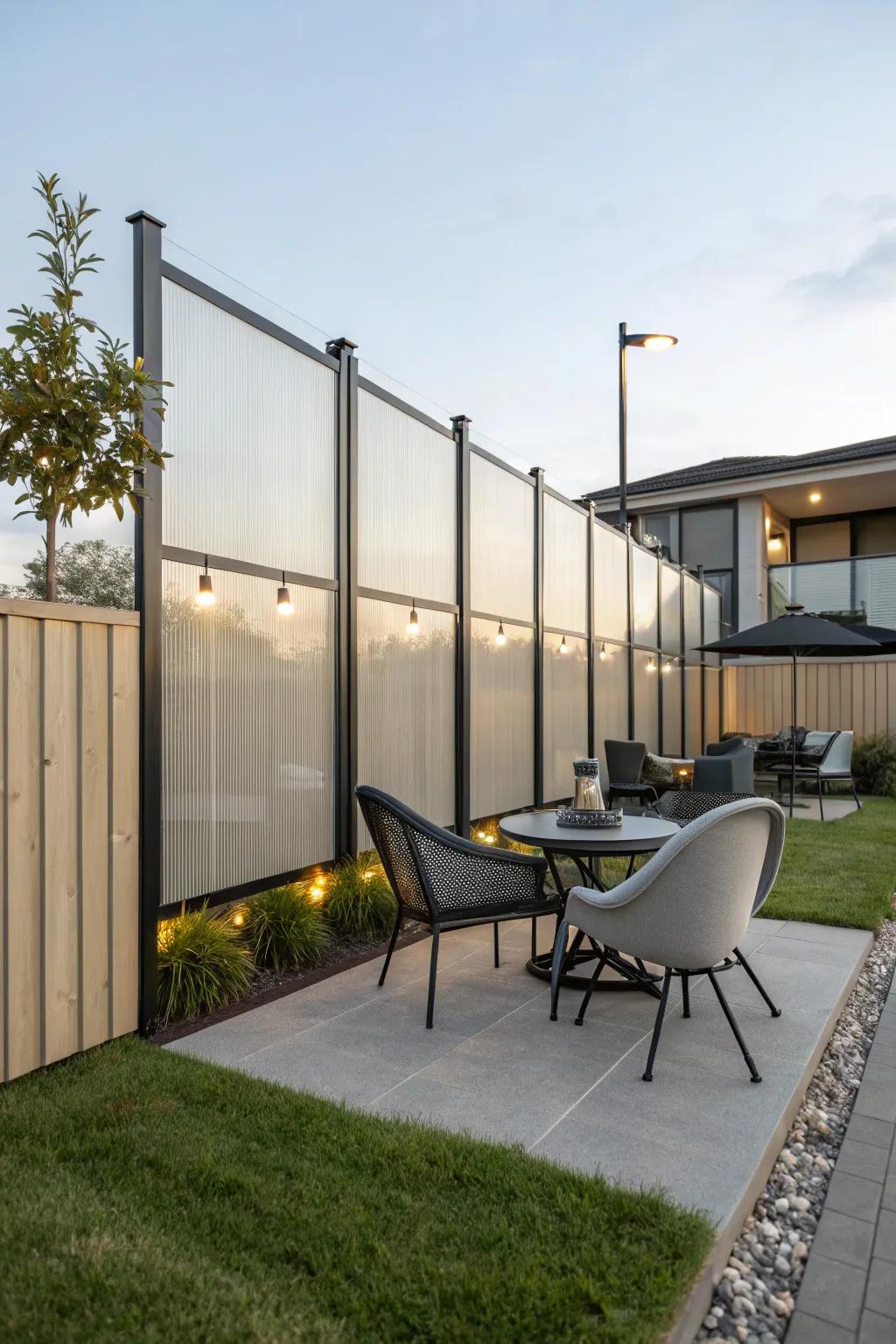 Plexiglass panelling contributes a sleek, contemporary element to this fashionable outdoor space.