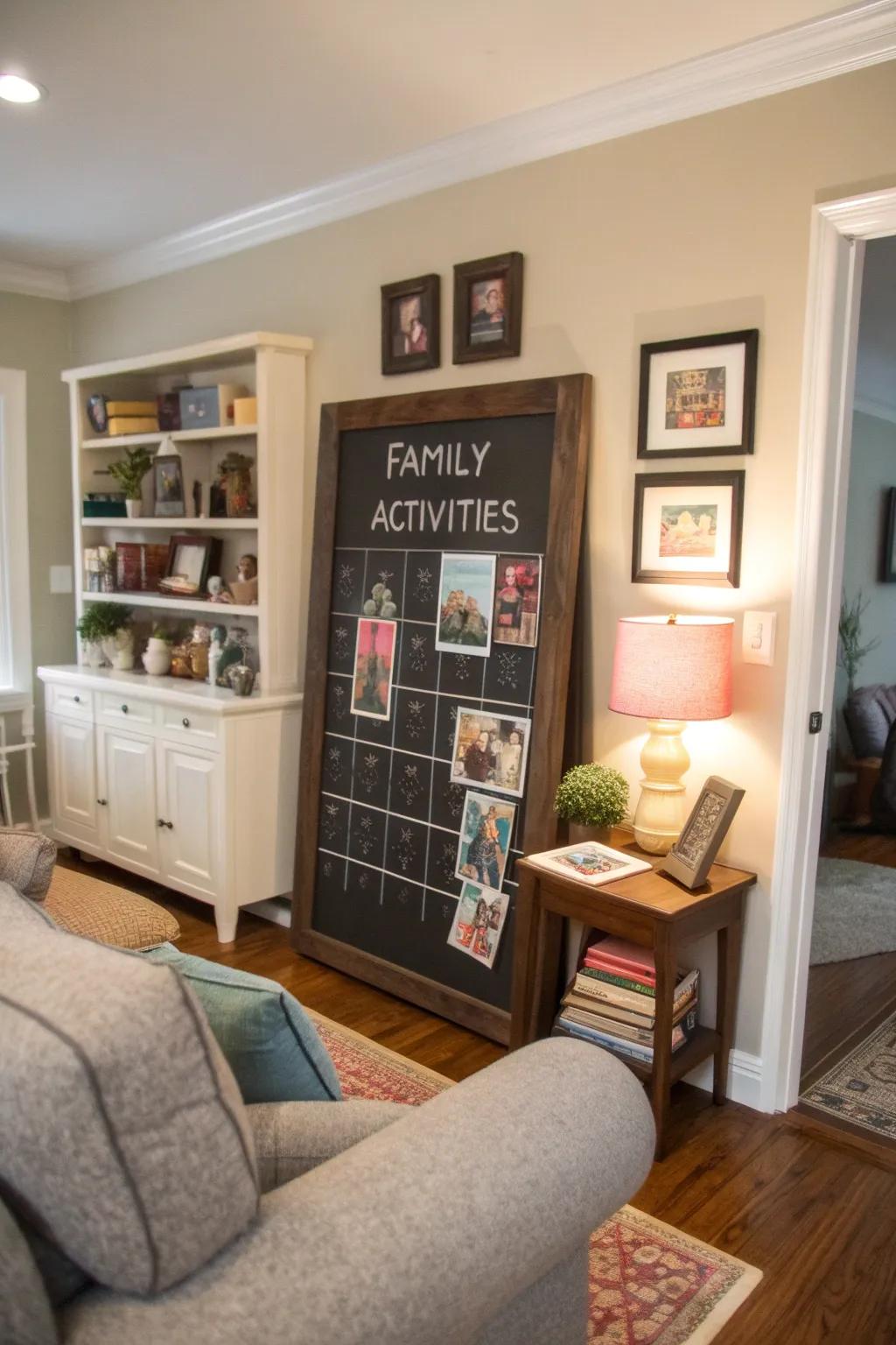 A family area showcasing a chalkboard planner for organizing family activities.