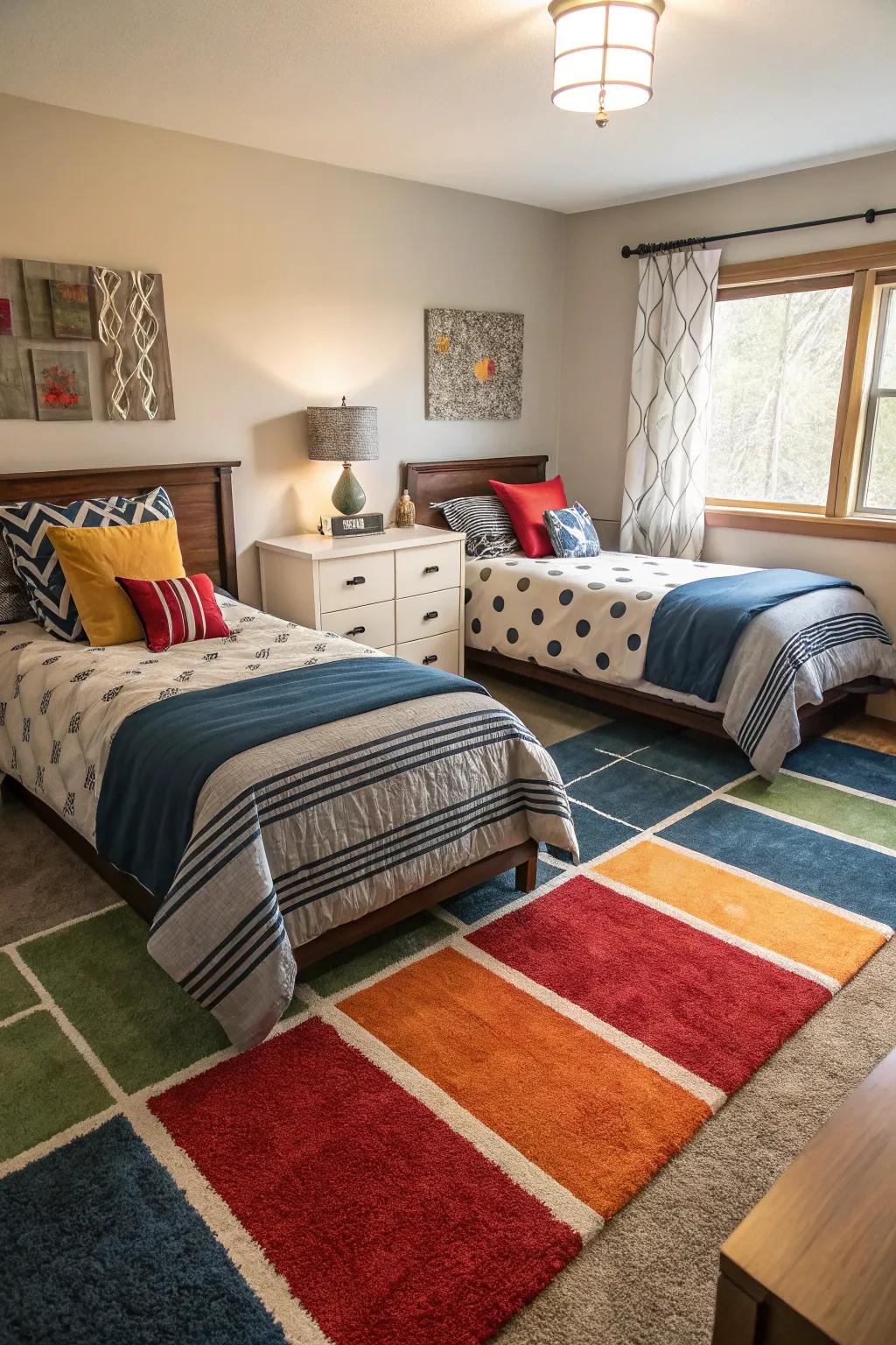 Rugs adeptly divide this shared room into personal zones.