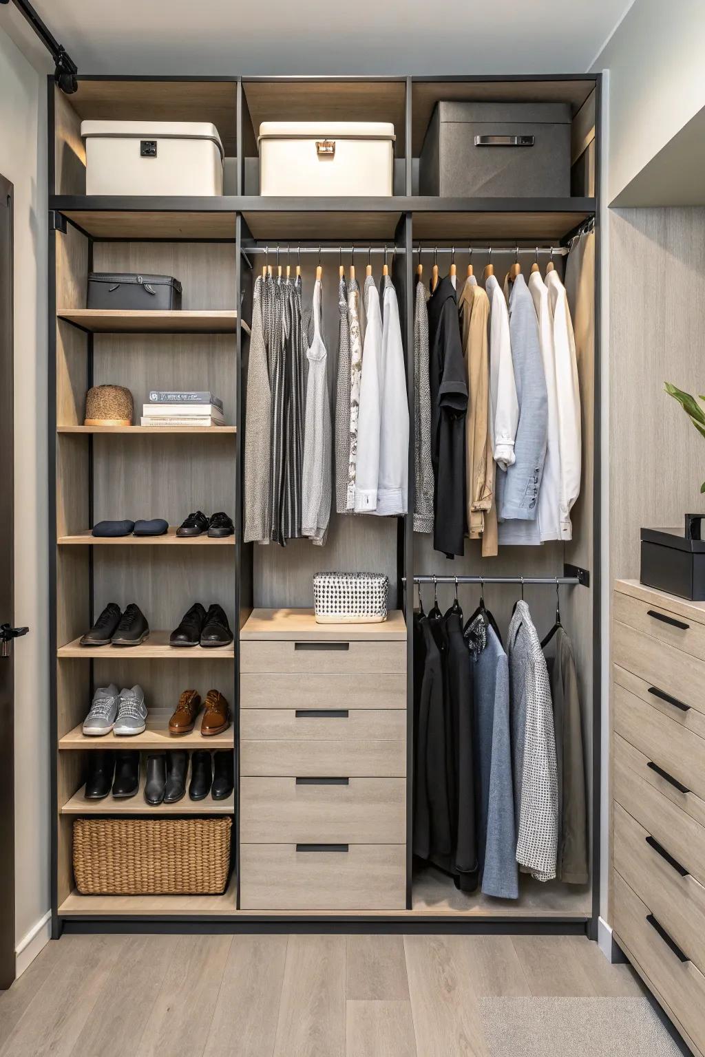 A closet showcasing adjustable, modular components for customized storage.