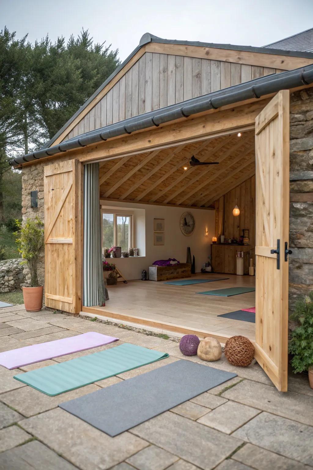 Create a serene yoga studio in your she shed by using natural materials and plenty of light.