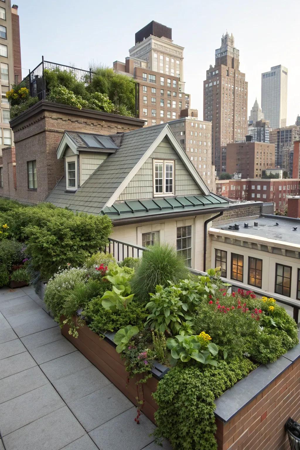 An urban home featuring a rooftop garden on the shed dormer.