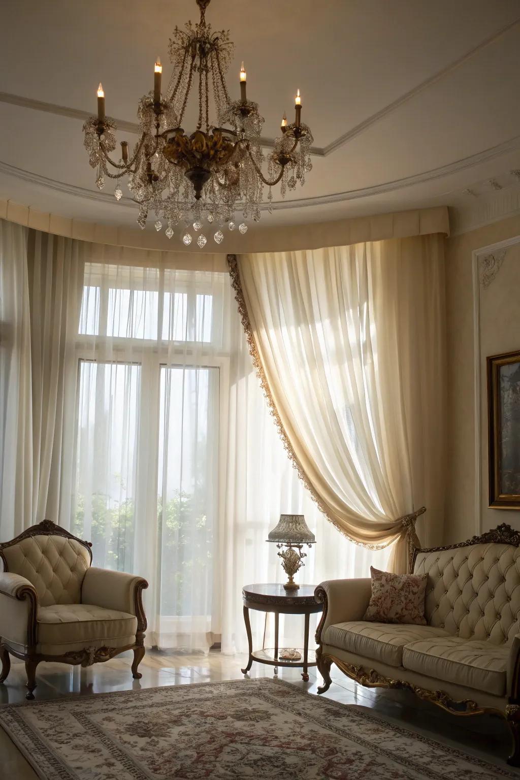 A blend of informal sheers and formal design components crafts a balanced and sophisticated impression.