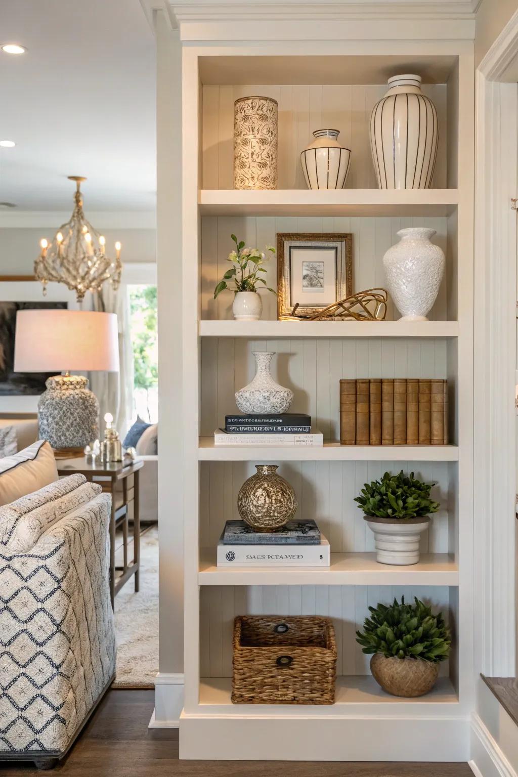 Harmonious arrangements cultivate a unified shelf presentation.